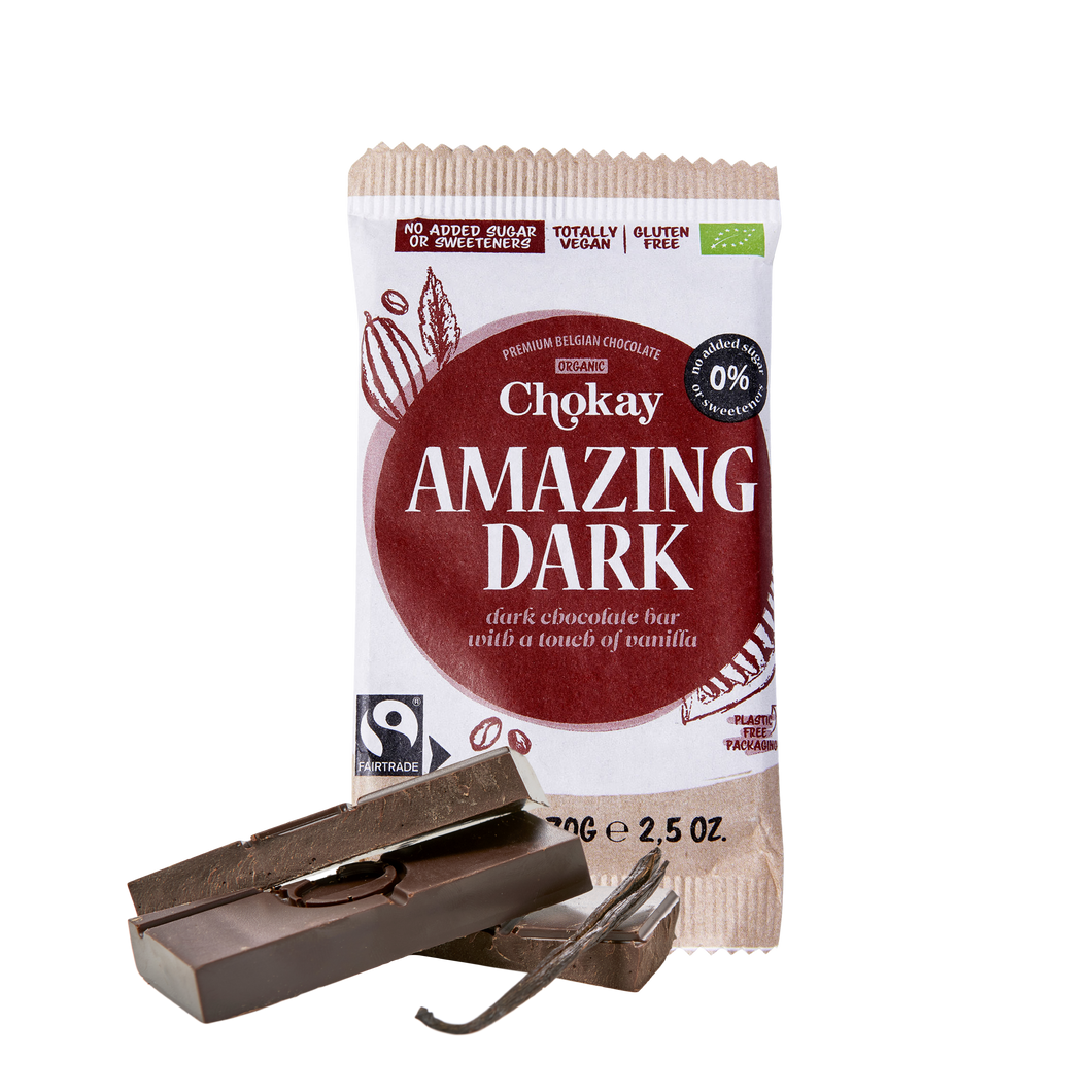 Chokay BIO Bar - AMAZING DARK | Belgische Zartbitter Schokolade | Ohne Zuckerzusatz, ohne Süßungsmittel | VEGAN, GLUTENFREI & FAIR TRADE | 1x70g