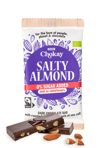 Chokay BIO Bar - SALTY ALMOND | Belgische Zartbitter Schokolade | Ohne Zuckerzusatz, ohne Süßungsmittel | VEGAN, GLUTENFREI & FAIR TRADE | 1x70g