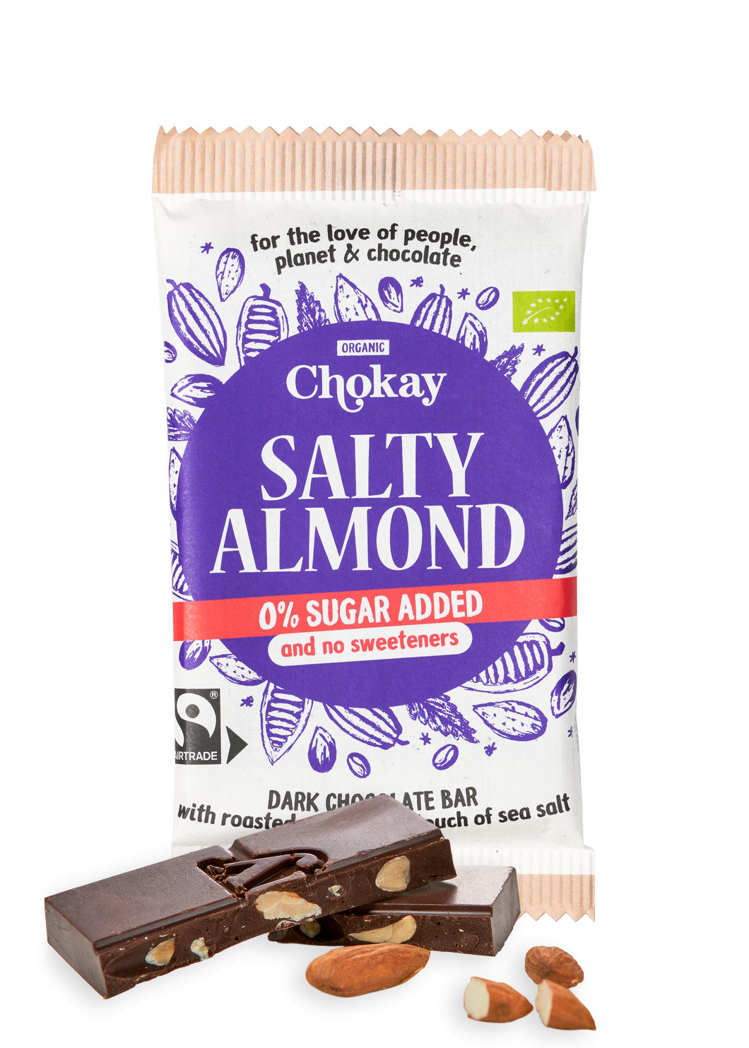 Chokay BIO Bar - SALTY ALMOND | Belgische Zartbitter Schokolade | Ohne Zuckerzusatz, ohne Süßungsmittel | VEGAN, GLUTENFREI & FAIR TRADE | 1x70g