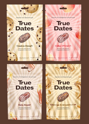 True Dates - Probierset 4 Sorten | Sour Cola, Sweet Peach, Creamy Peanut Butter, Cookie Dough | natürlich aromatisierte Datteln | 4x100 g