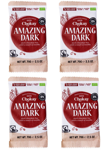 Chokay BIO Bar 4er SET - AMAZING DARK | Belgische Zartbitter Schokolade | Ohne Zuckerzusatz, ohne Süßungsmittel | VEGAN, GLUTENFREI & FAIR TRADE | 4x70g