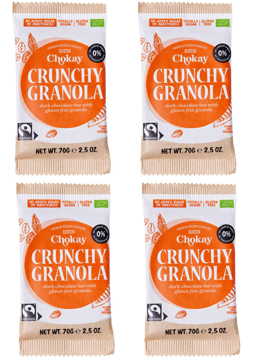 Chokay BIO Bar 4er SET - CRUNCHY GRANOLA | Belgische Zartbitter Schokolade mit glutenfreien Granola Knuspermüsli | Ohne Zuckerzusatz, ohne Süßungsmittel | VEGAN, GLUTENFREI & FAIR TRADE | 4x70g